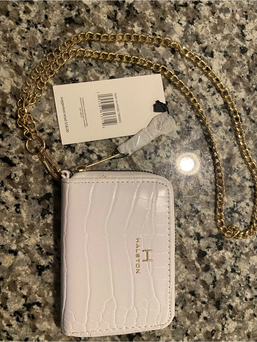 H by Halston Croc-Embossed Zip Wallet in White with Gold Hardware